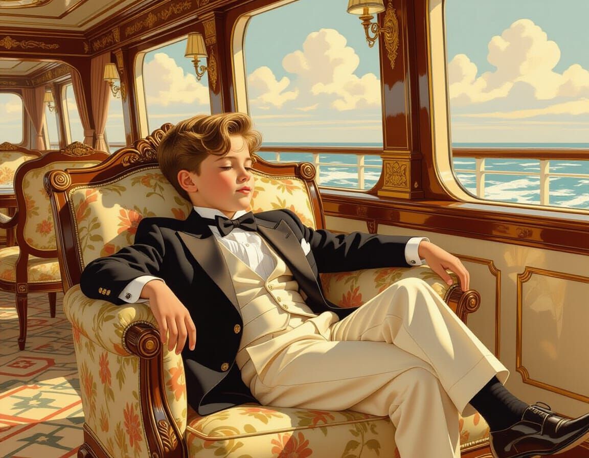 Boy Relaxing on Liner in Golden Age Illustration Style