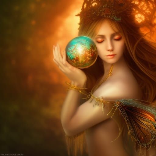 Fairy Goddess Holding Fractal Sphere in Photorealistic Style