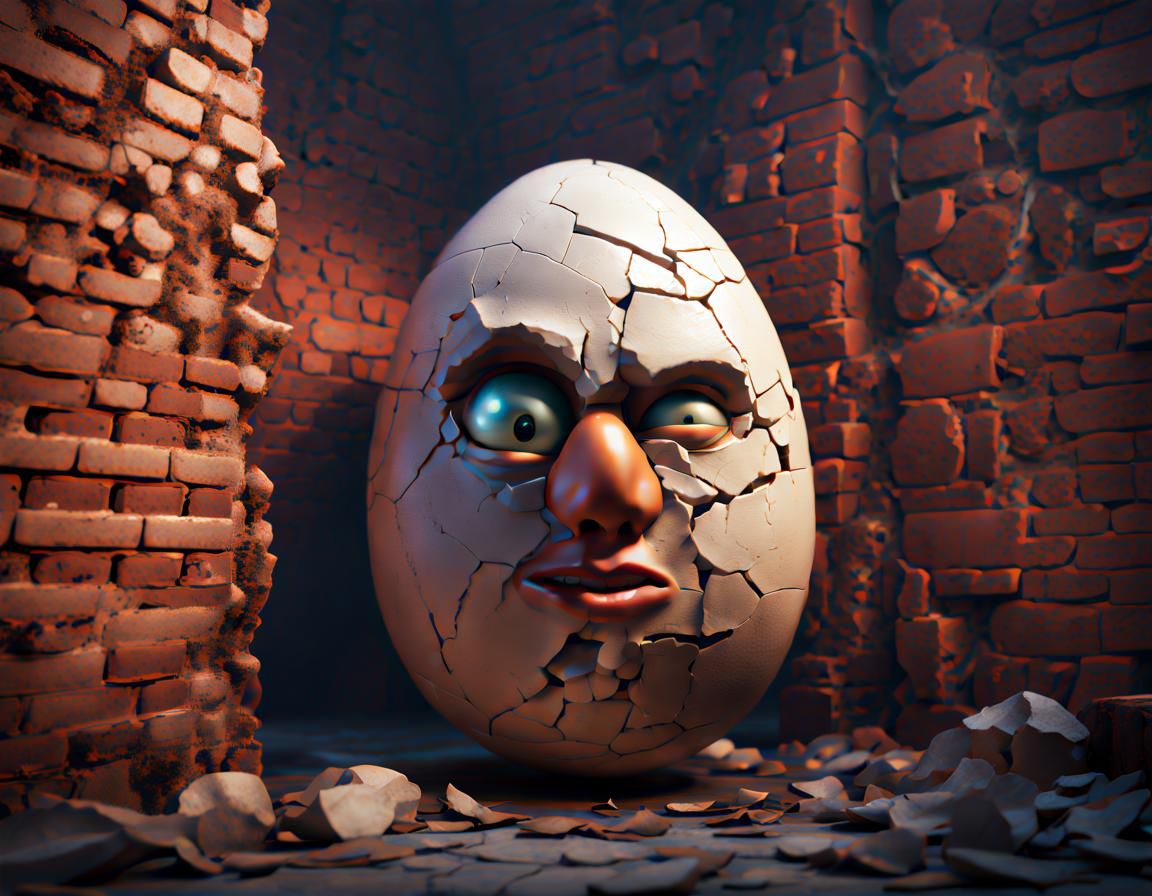 Cracked Anthropomorphic Egg Under Brick Wall: Fantasy Art