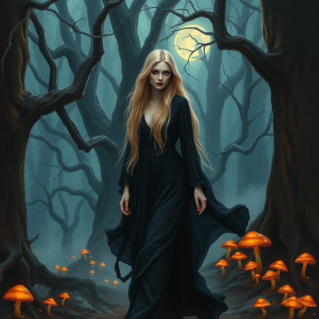 Mystical Blonde Woman Embraces the Moonlit Forest