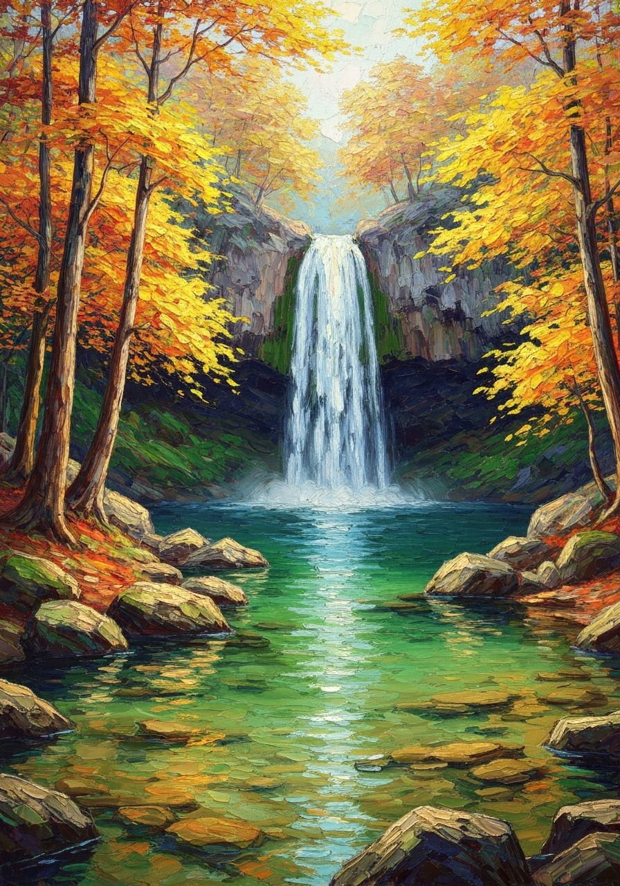 Vibrant Autumn Waterfall in Textured Oil Painting Style