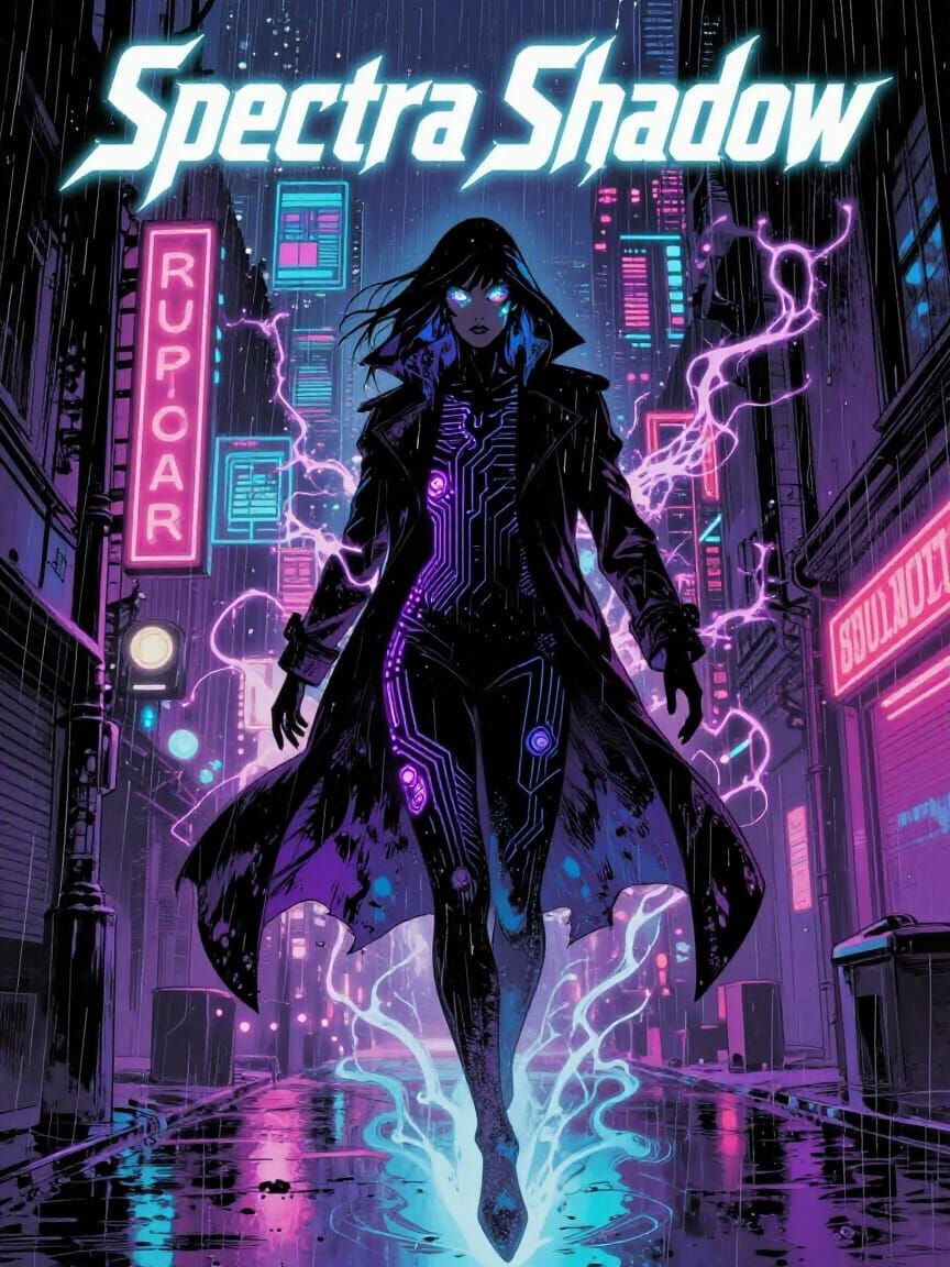 Spectra Shadow Comic Cover in Noir Cyberpunk Style