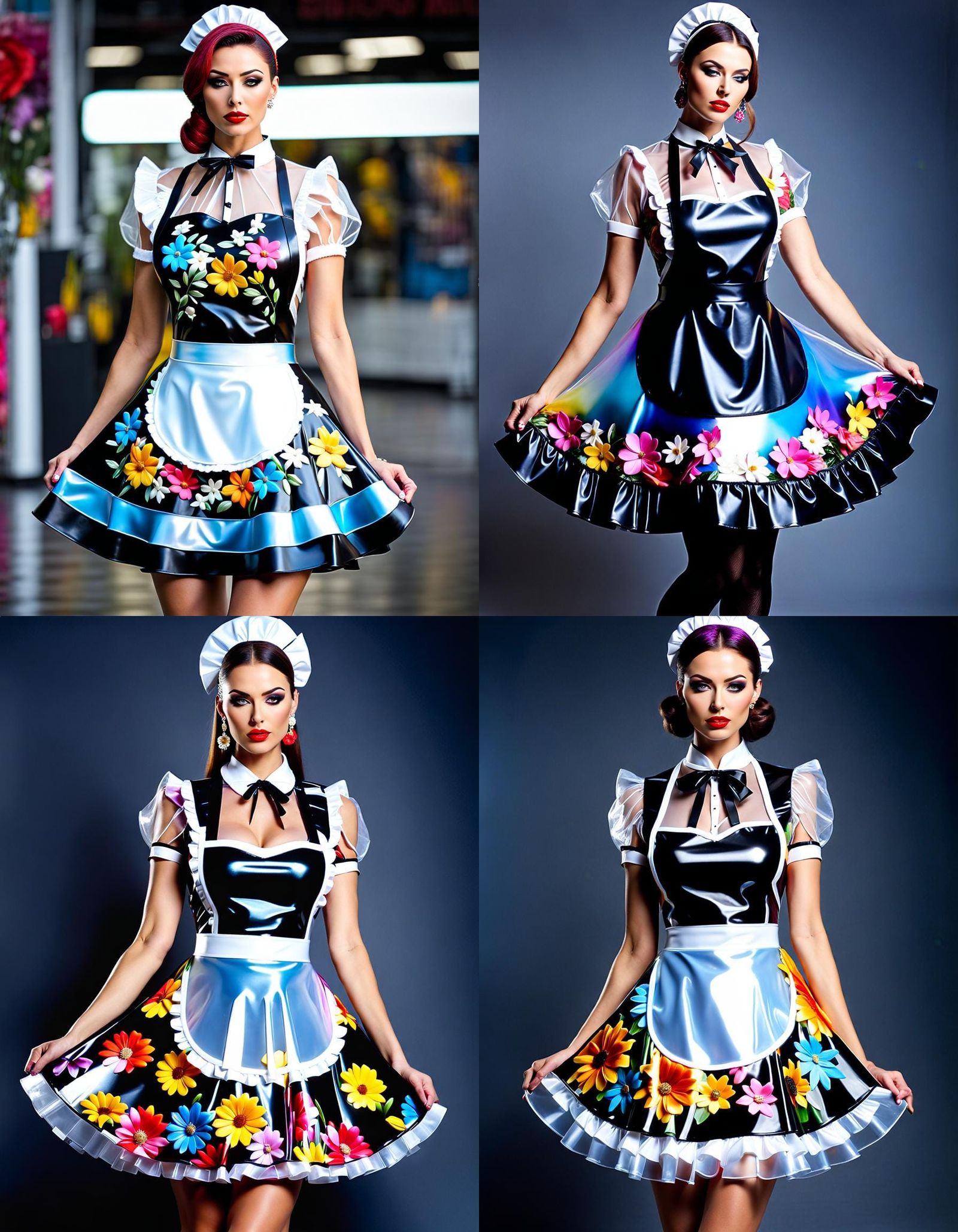 See-Through Latex Maid Dress with Floral Print