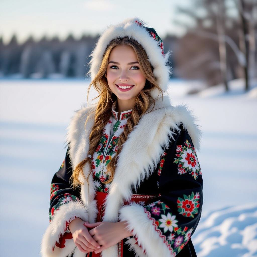 Russian Girl in Traditional Dress on Snowy Lake