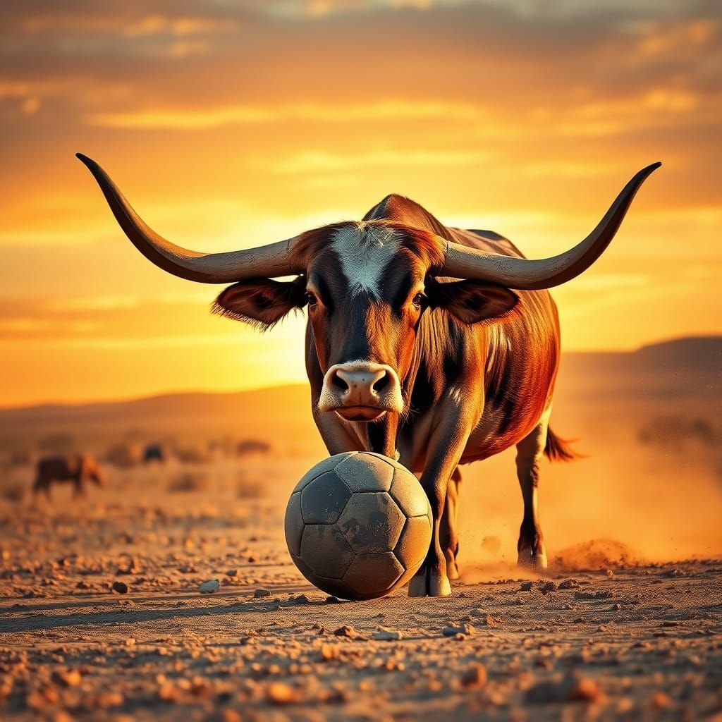 Longhorn Bull Plays Soccer at Sunset