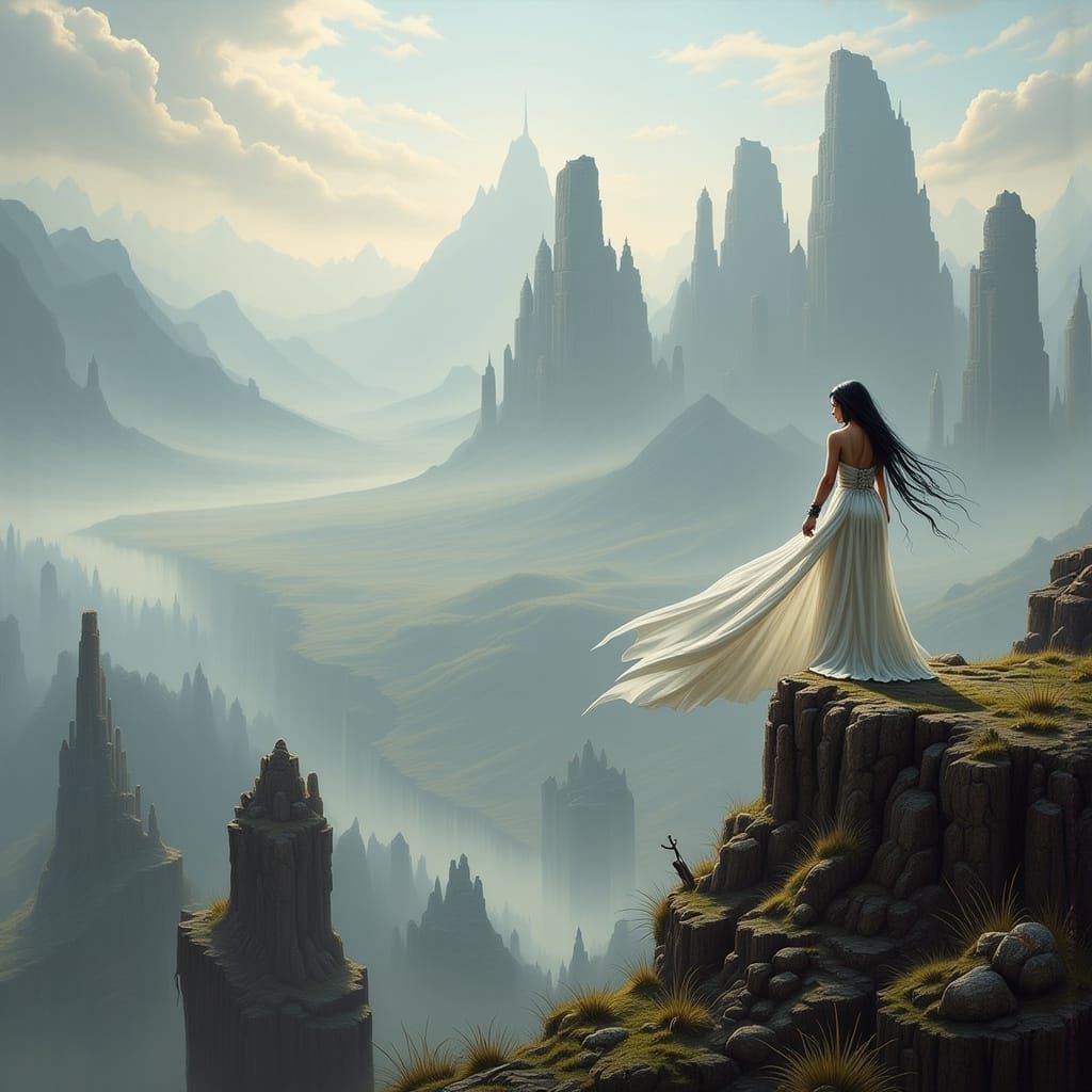 Woman on Cliff in Dreamy Digital Art Style