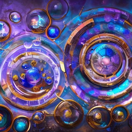 Abstract frozen glass and marbles shaped like circles and cy...