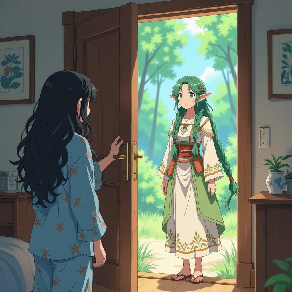 Woman Opens Door to Fantasy Portal, Realistic Anime Blend