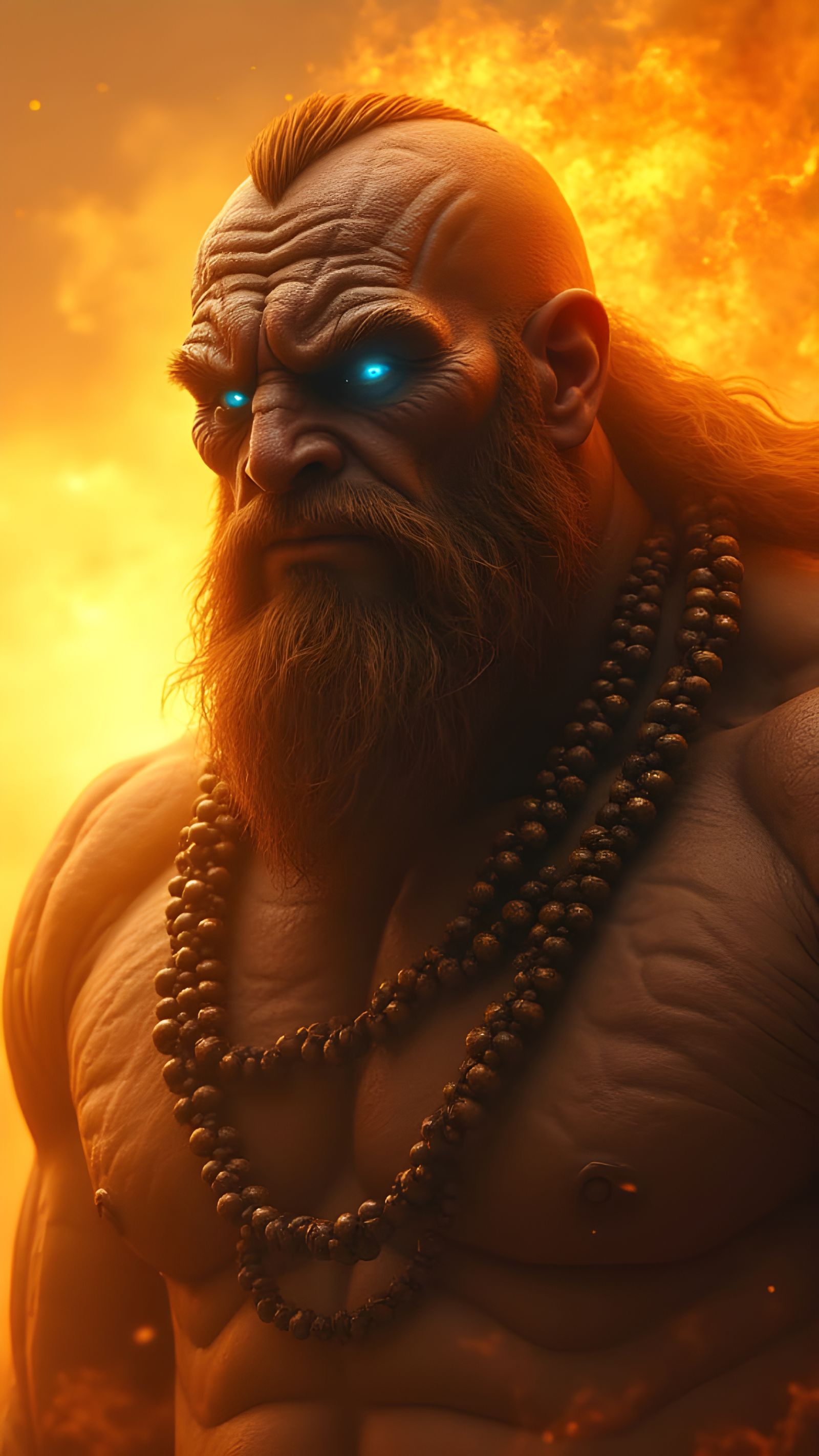 Battle-Worn Titan Against Fiery Golden Sky