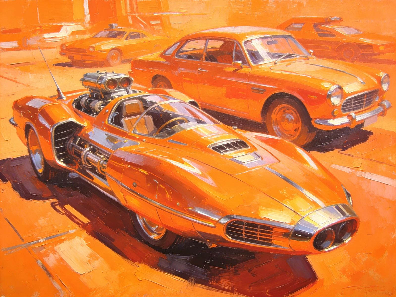 Retro Futurism Oil Painting With Orange Dominance