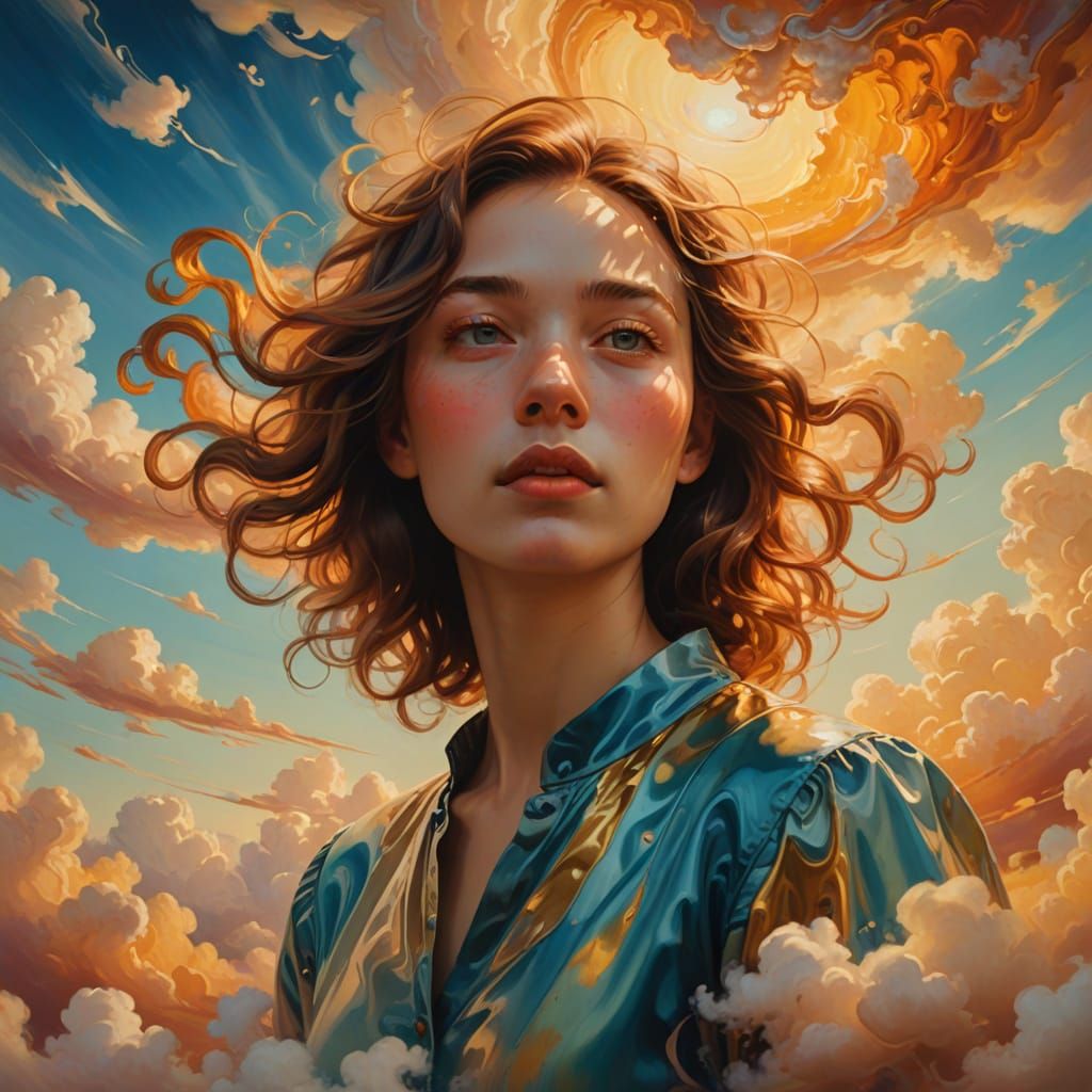 Surreal Portrait of Floating Person in Dreamlike Oil Paintin...