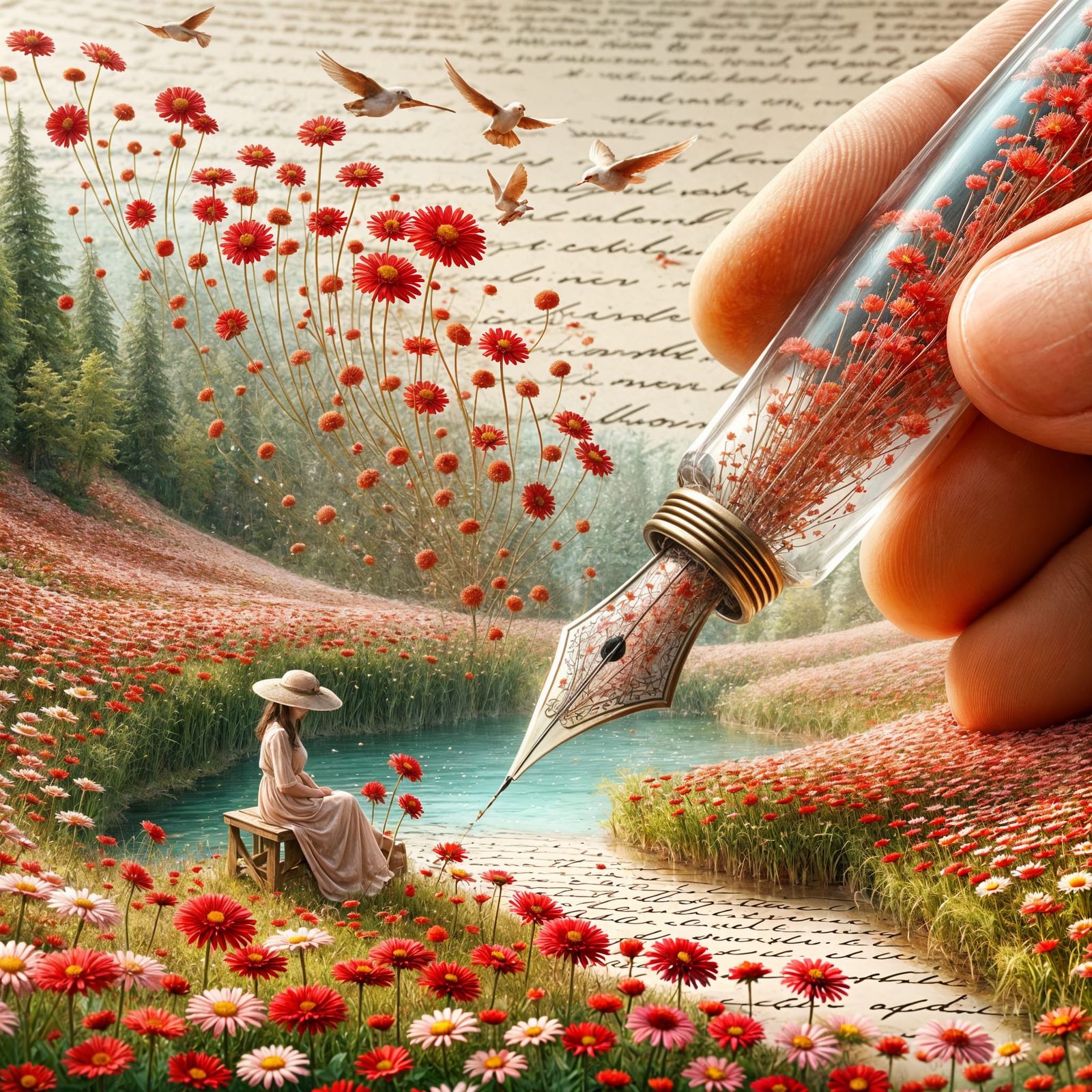 Romantic Digital Art of Red Flowers and Gentle Woman