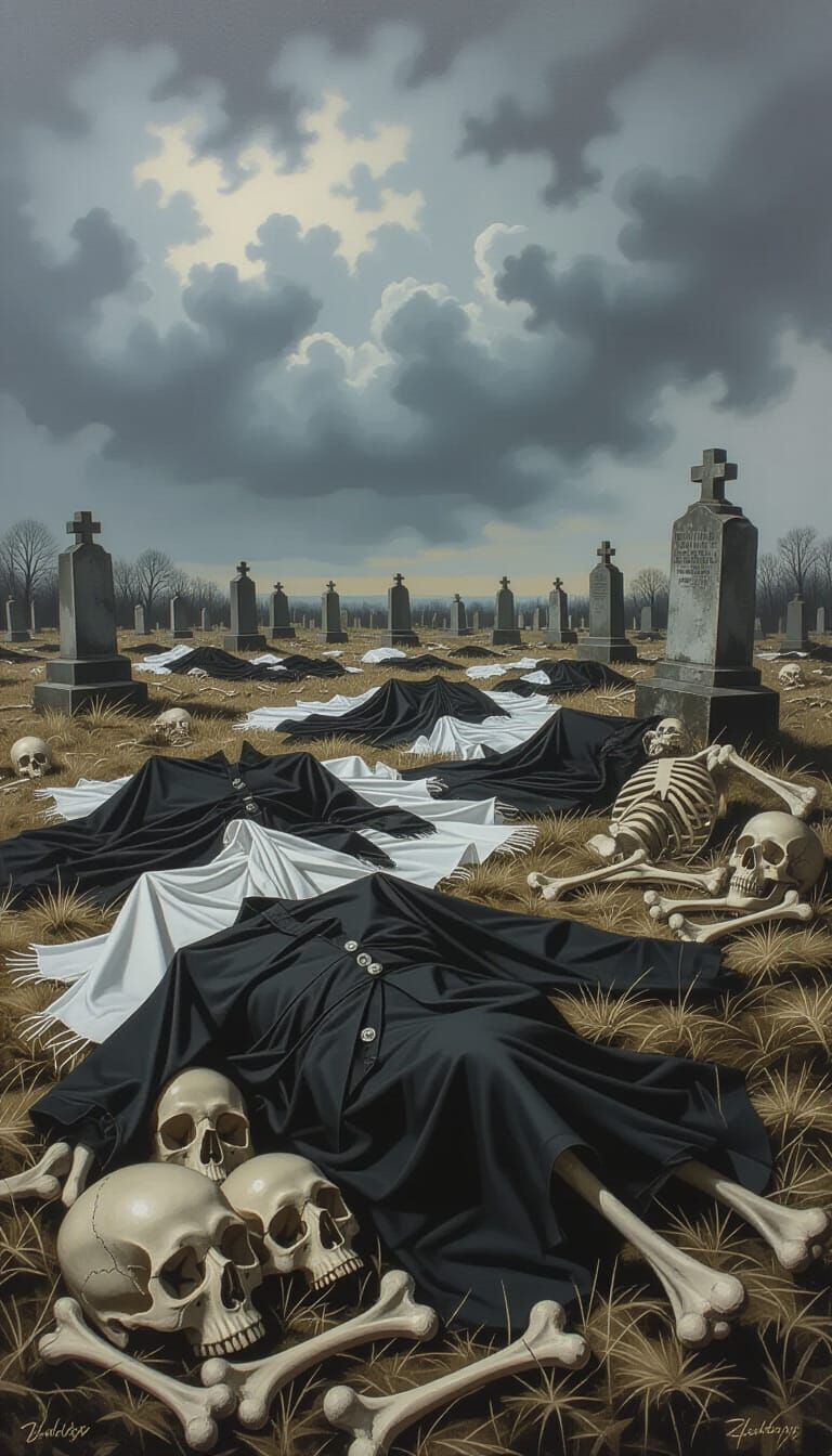 Tattered Clothing and Skulls in a Moody Cemetery