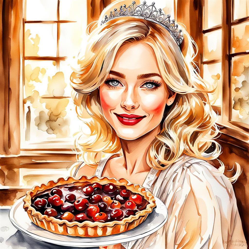 Watercolor Princess Eating Cherry Pie