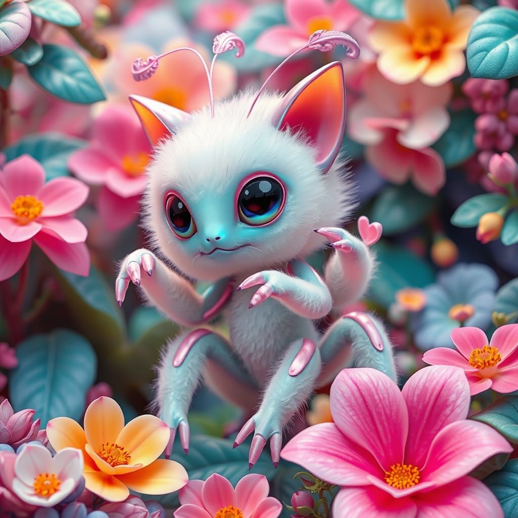 Fluffy Alien in Japanese Garden, Playful Art Style