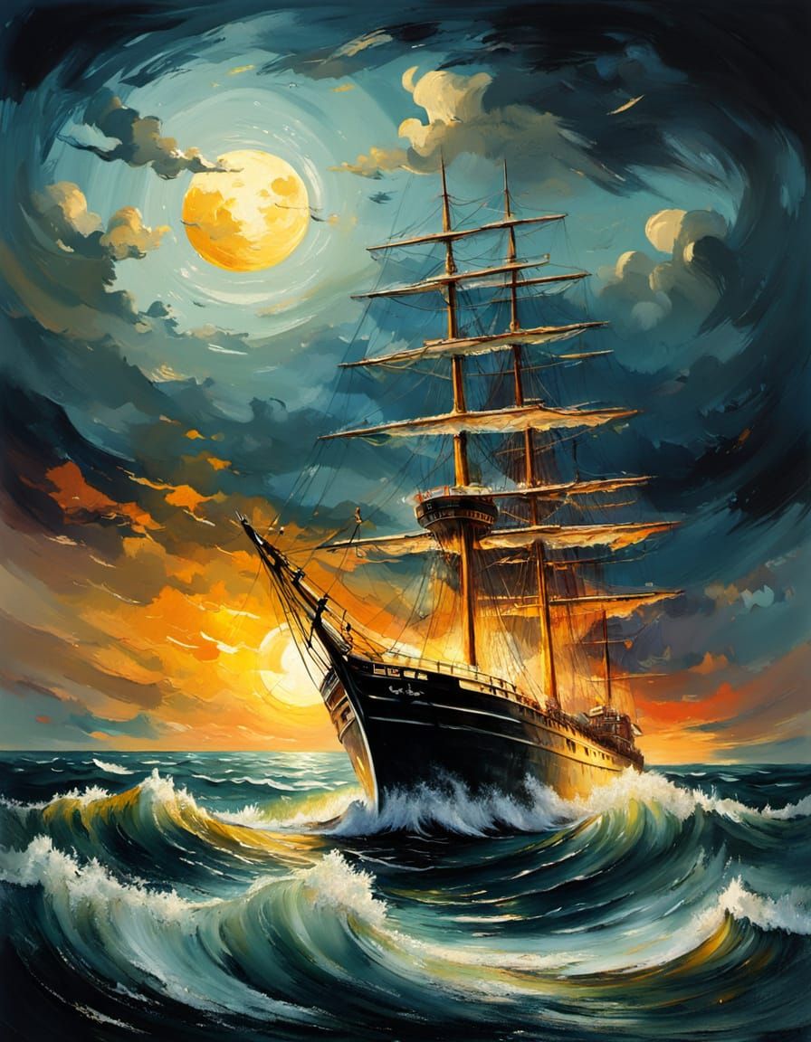 Dramatic Seascape with Ship in Golden Moonlight