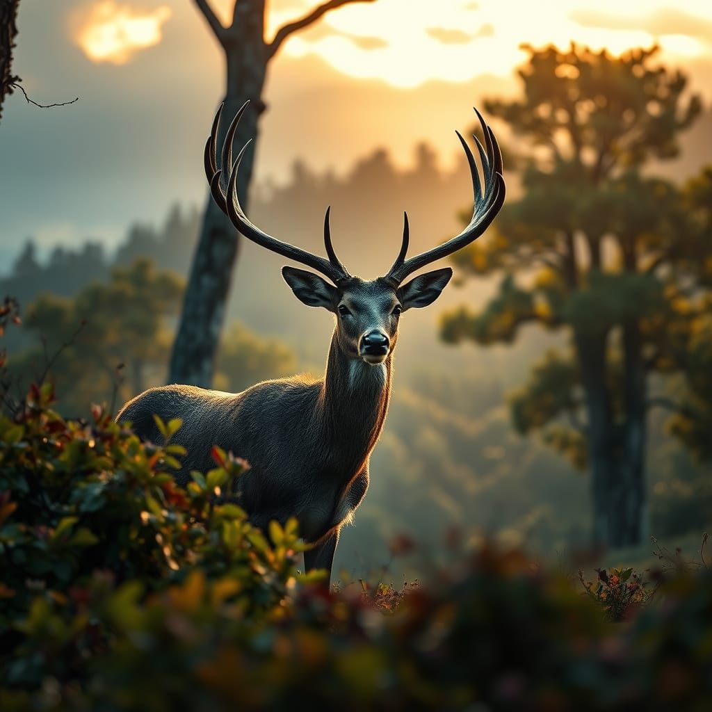 Majestic Deer in Hyperrealistic Landscape