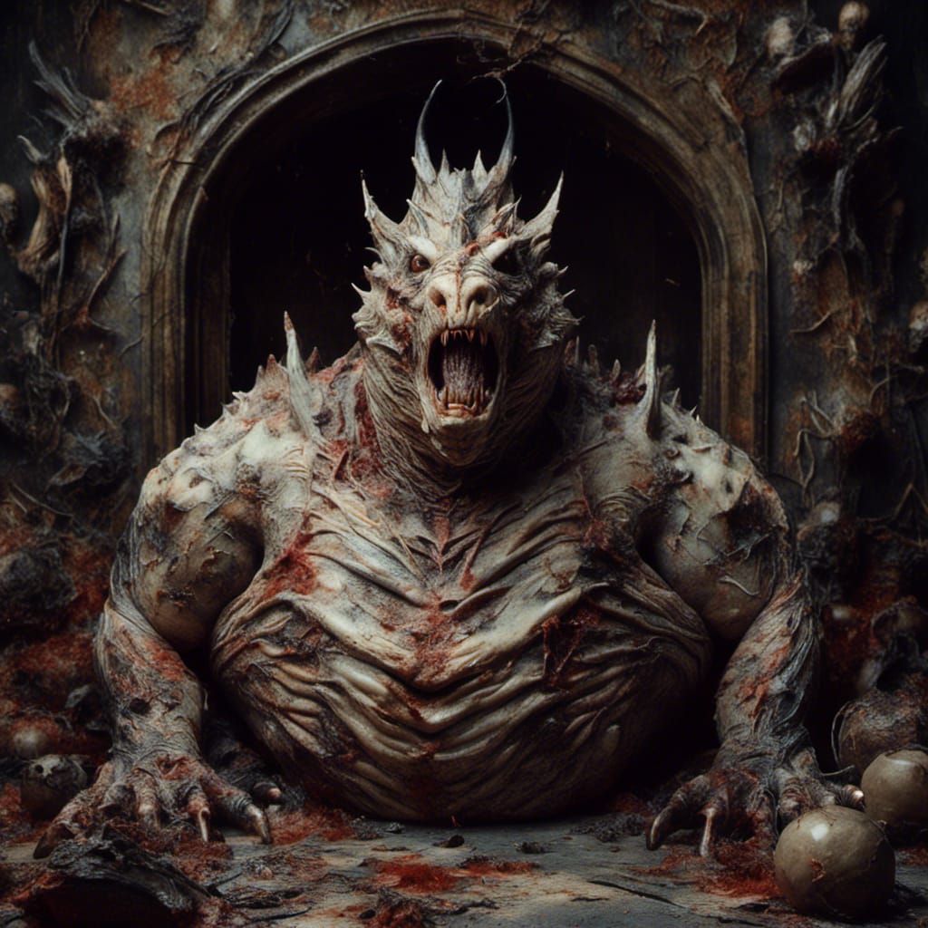 Creepy Porcelain Dragon Zombie Portrait in Macabre Style