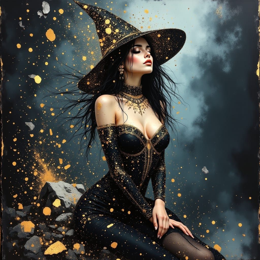 Enchanting Witch in Neon Noir Landscape