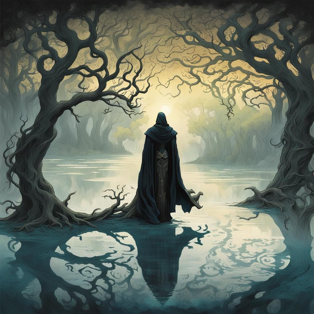 Mystical Lake Figure in Dark Fantasy Art