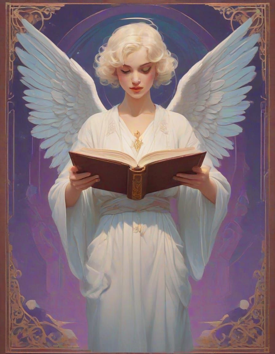 Angelic Bookstore in Neon Art Deco Dreamscape