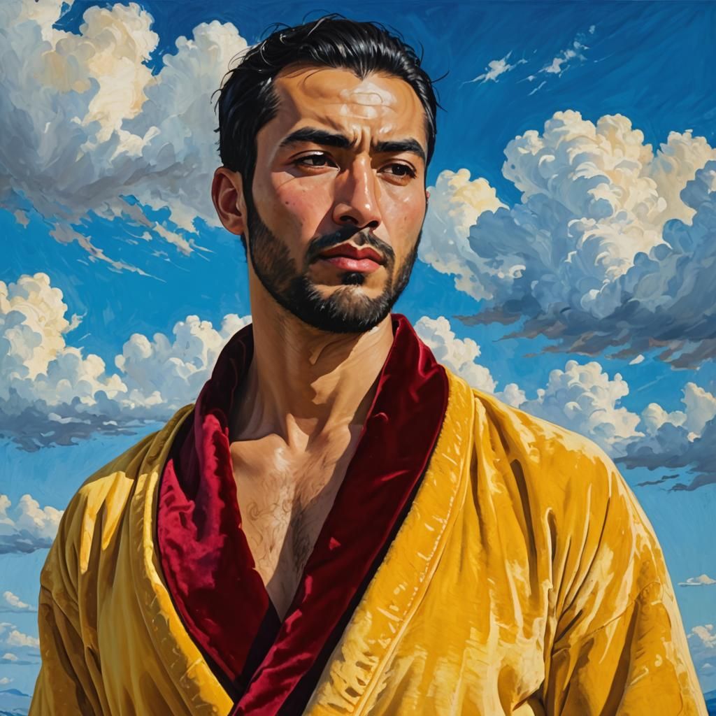 Neo-Impressionist Portrait: Man in Golden Velvet Bathrobe
