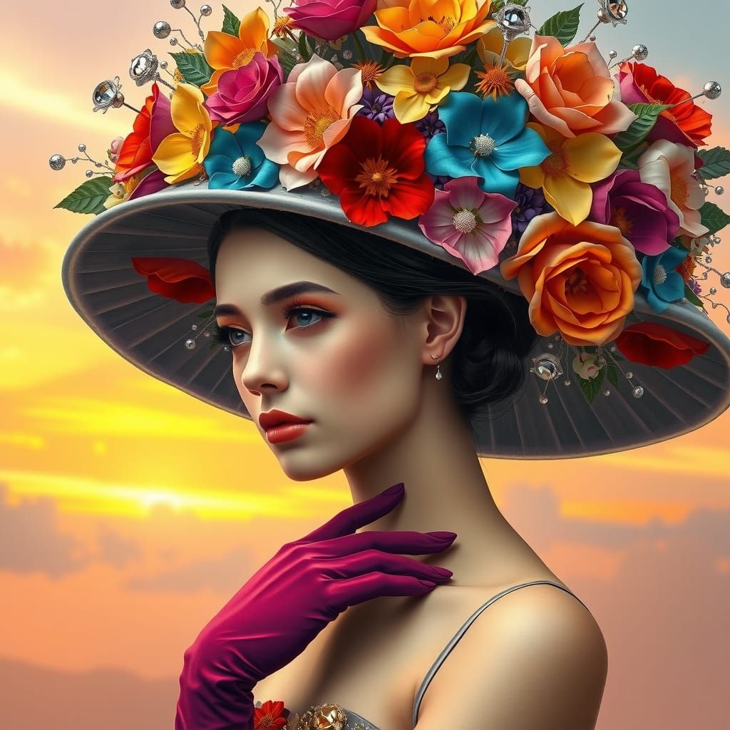 Woman in Floral Hat, Dreamy Surrealist Style