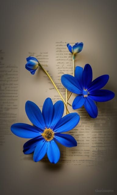 Blue Flowers in Realistic Mixed Media Composition