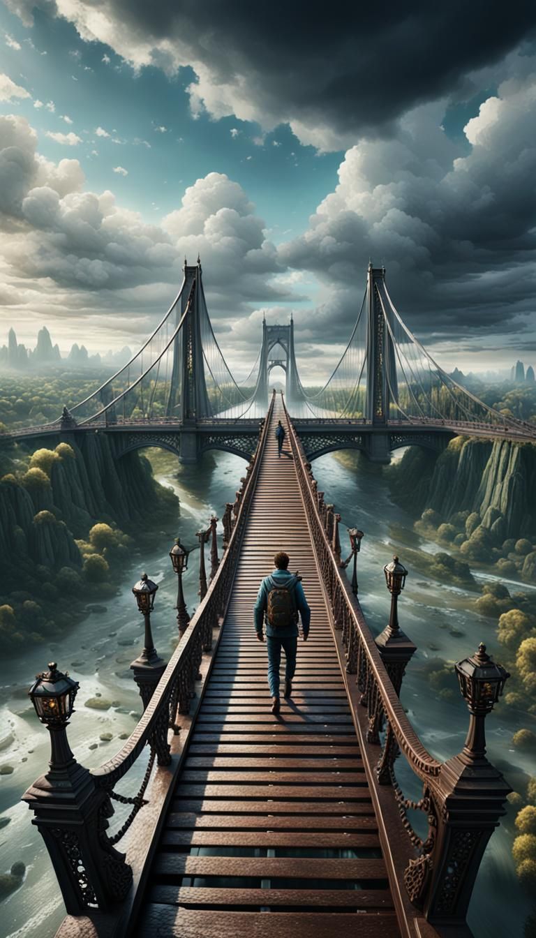 Man Crossing Bridge: Detailed Matte Painting