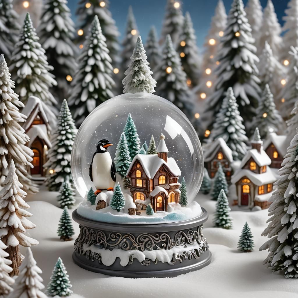 Penguin with Ornate Snow Globe Winter Village