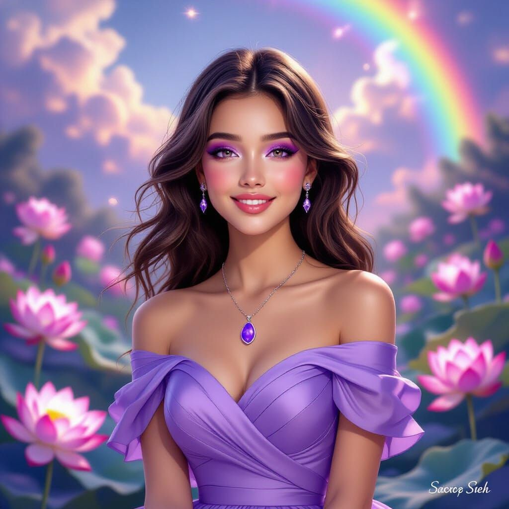 Dreamy Digital Painting of Woman in Lavender Dress