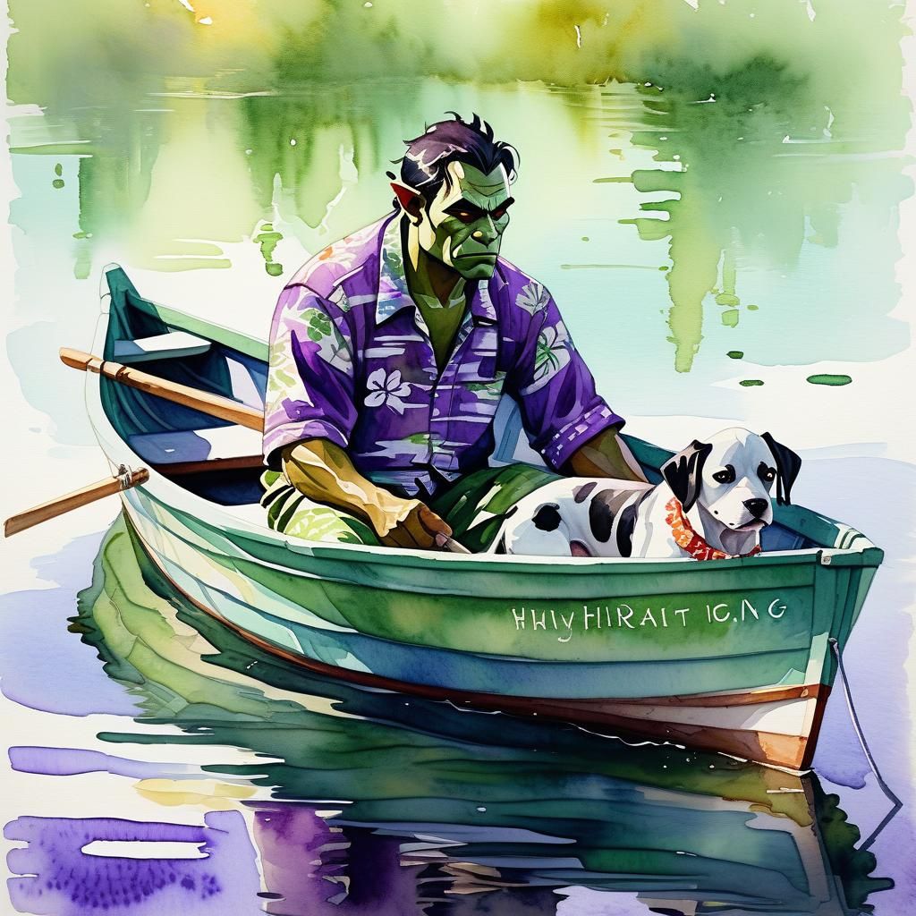 Water color painting of half orc in purple and green Hawaiia...
