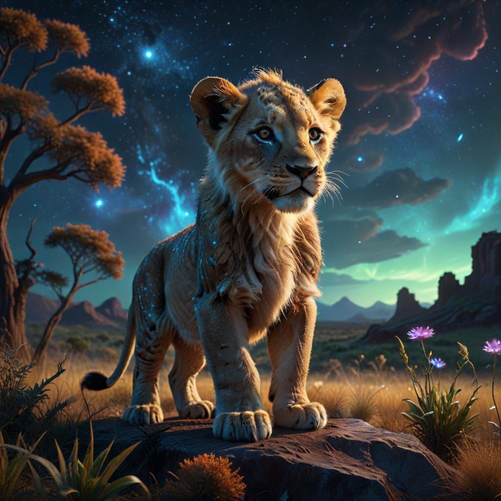 Majestic Lion Cub on Alien Savanna Hyperrealistic Digital Ar...