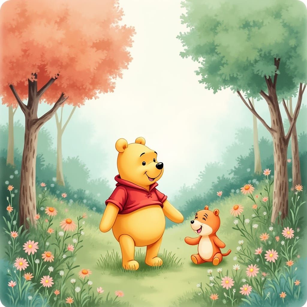 Whimsical Winnie the Pooh in Pastel Hues Watercolor Illustra...