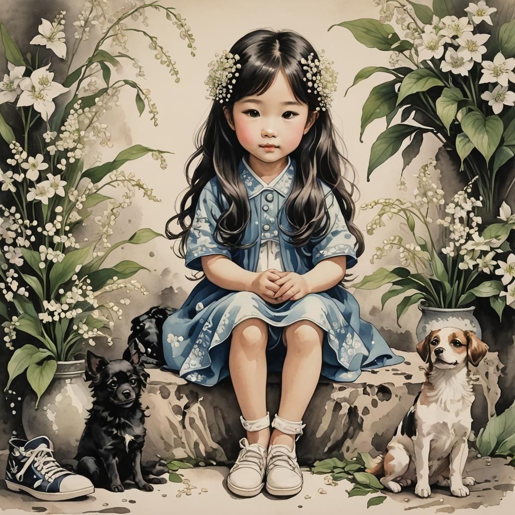 little girl with her dogs