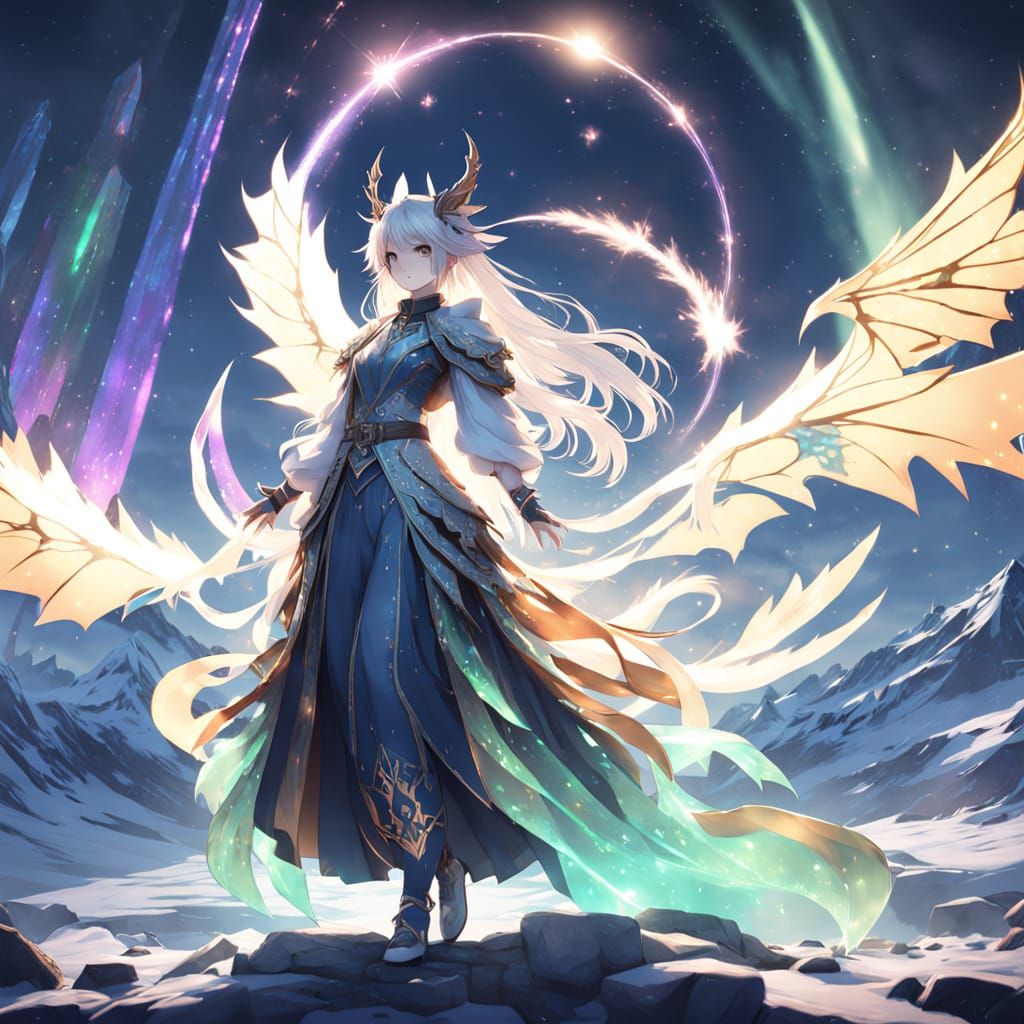 Celestial Anime Dragon Girl Dancing Under Aurora