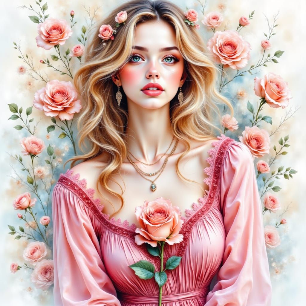 Belle with Rose: Pen and Ink Masterpiece