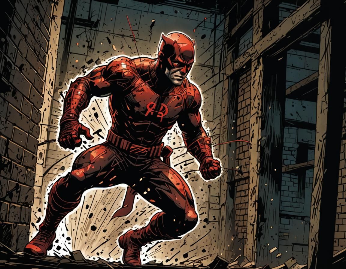 Daredevil Punches Ninja in Dark Basement, Comic Book Style
