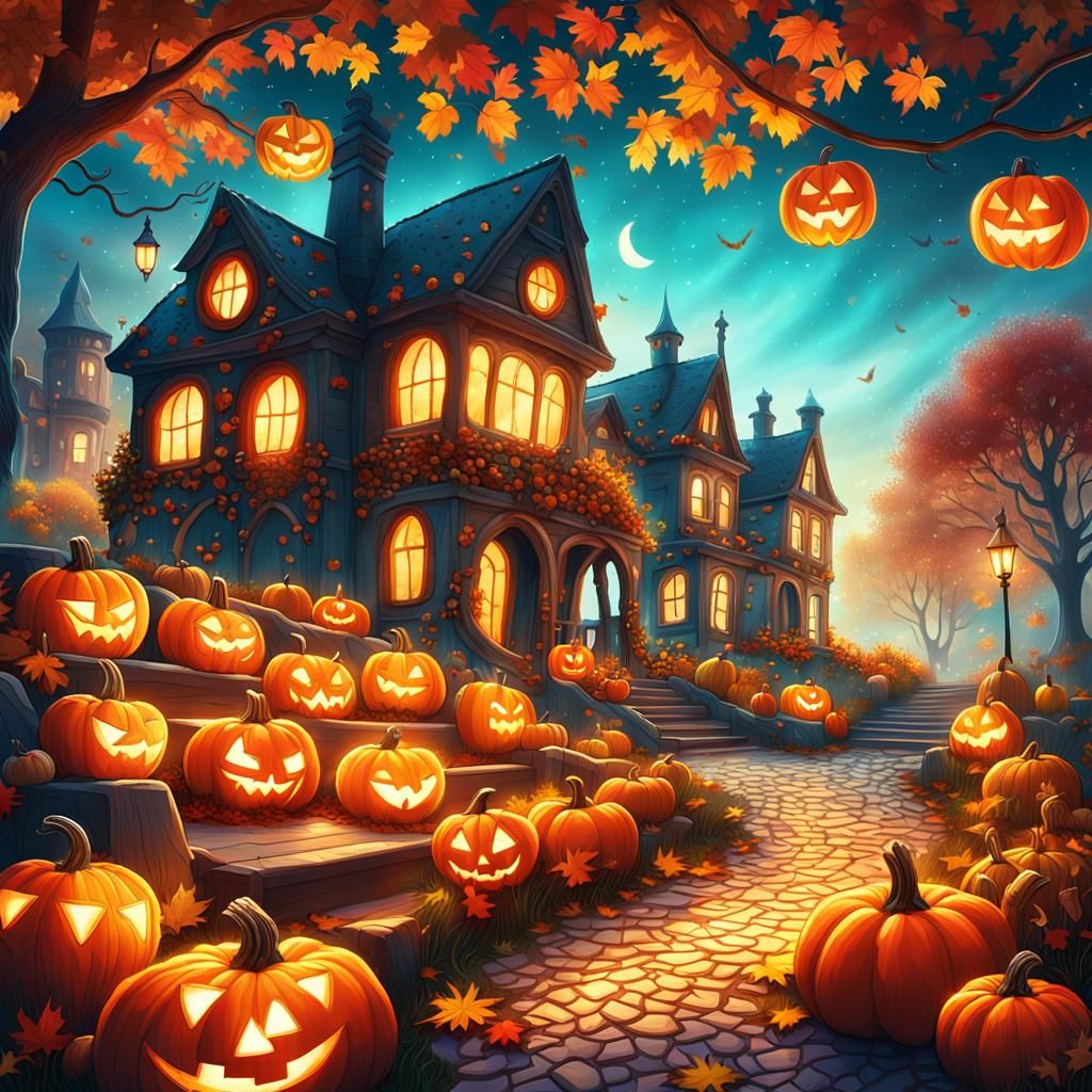 Whimsical Jack-O-Lanterns in Autumn Park Dreamscape