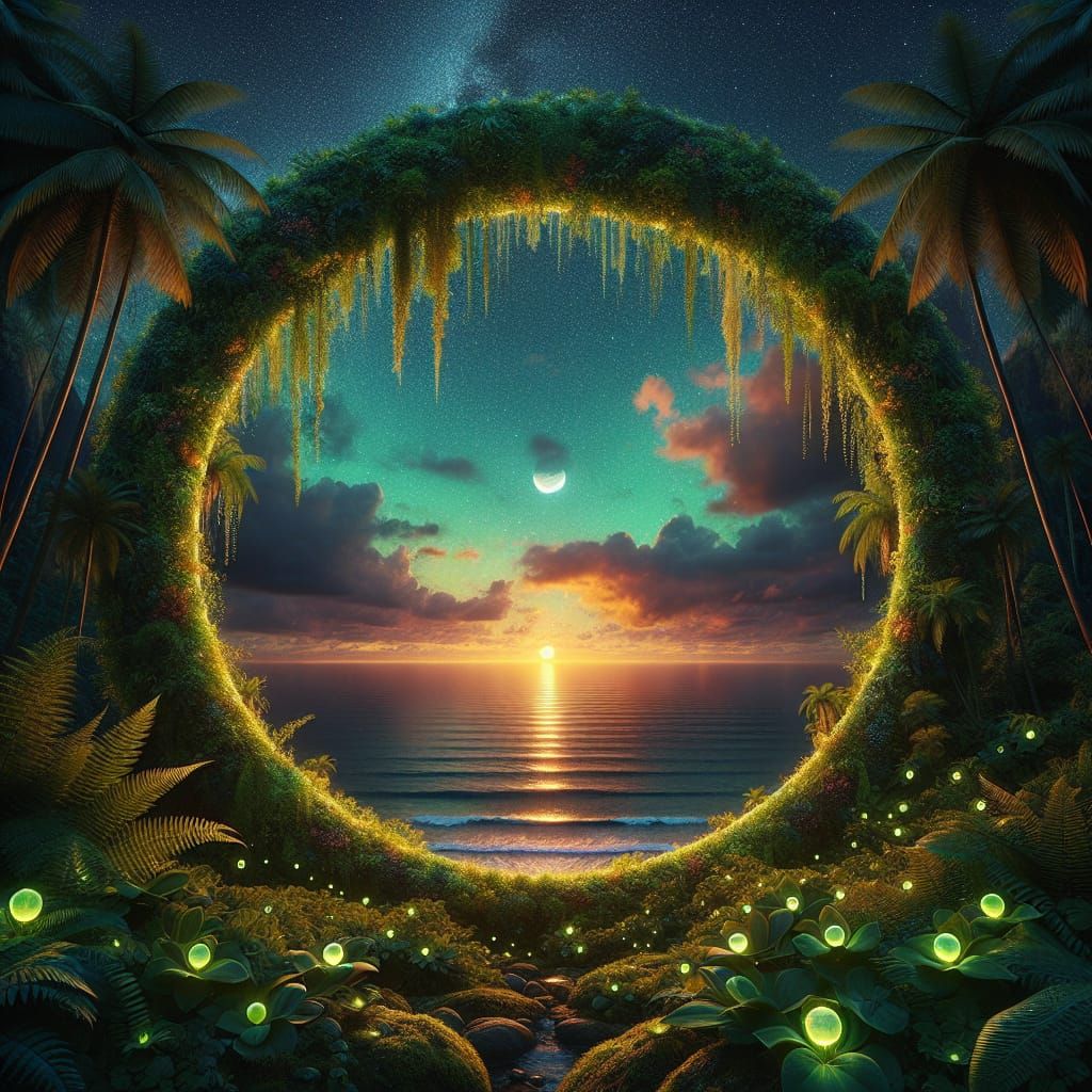 Surreal Tropical Sunset Portal in a Radiant Gateway