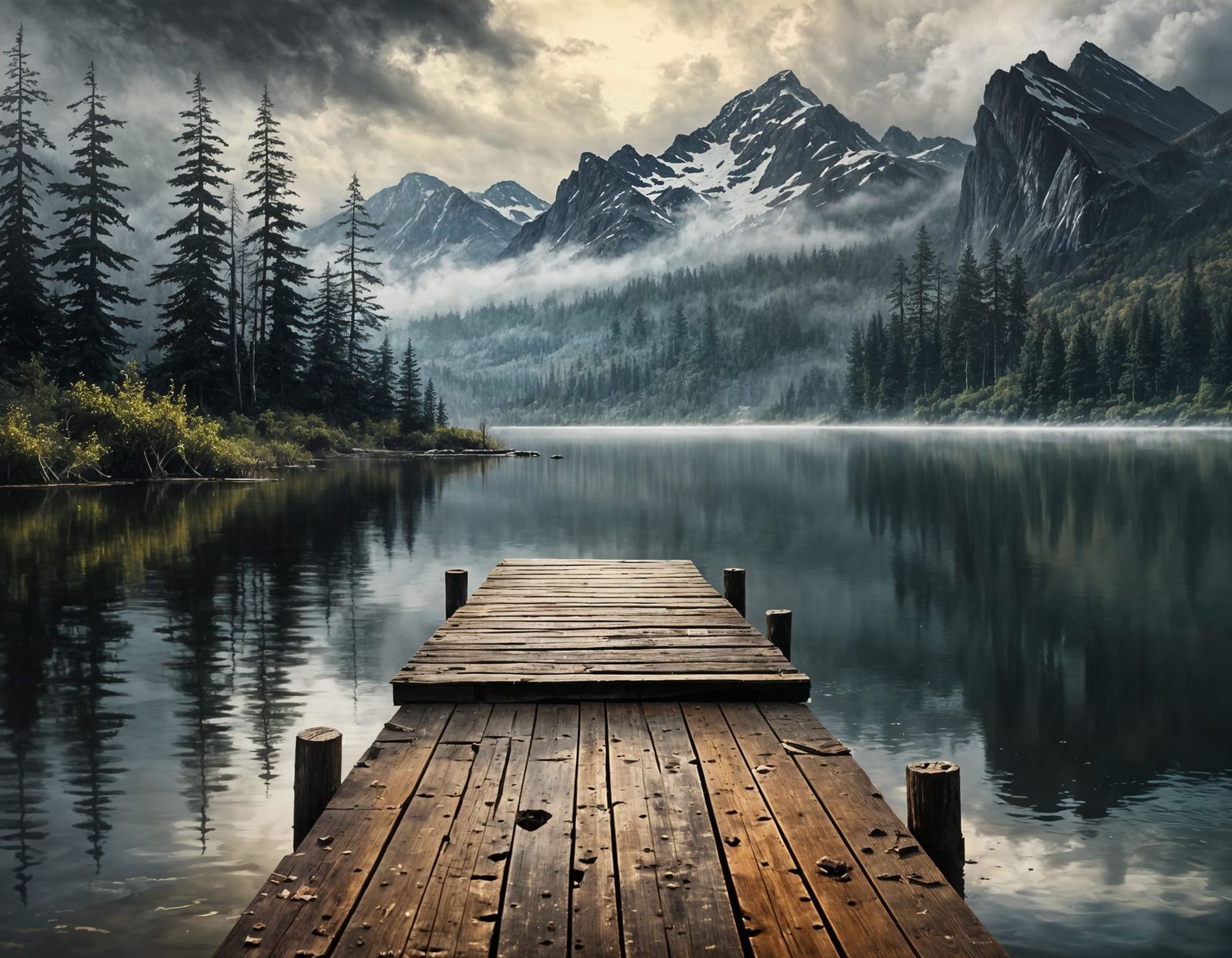 Foggy Lake Dock: Moody Oil Painting