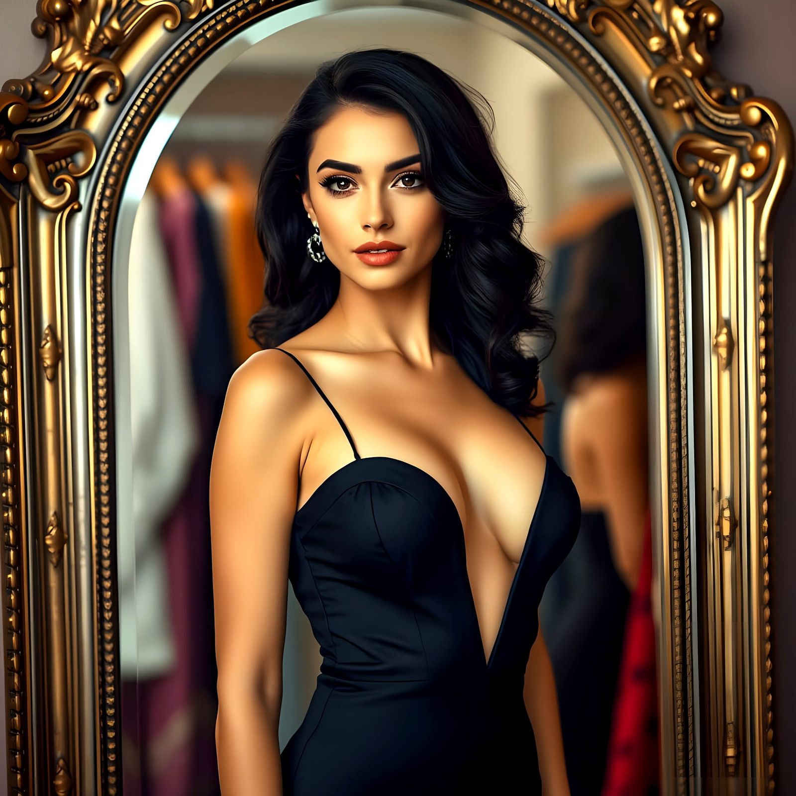 Glamorous Woman in Black Dress Before Ornate Mirror