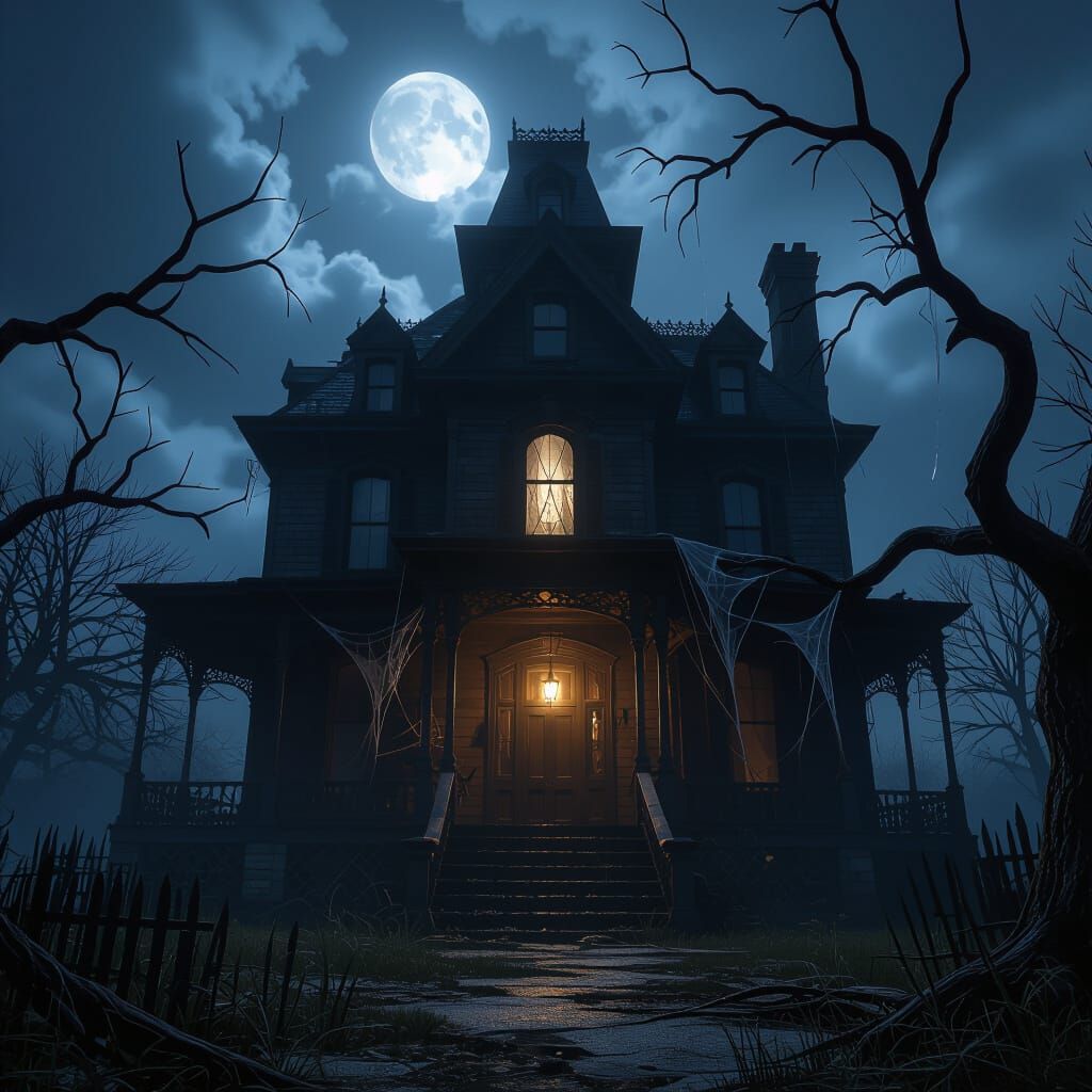 Haunted Victorian Mansion Under Stormy Moonlit Sky