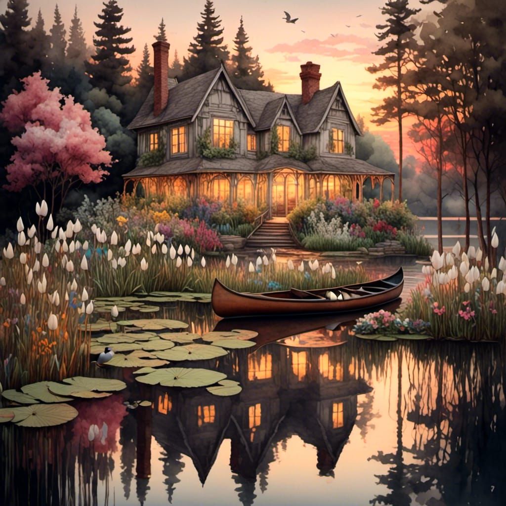 Elegant House on Bay in Antique Watercolor Style