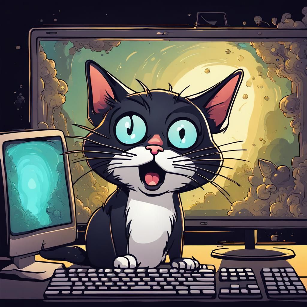 Surprised Cat Watching Mouse in Vector Graphic Style