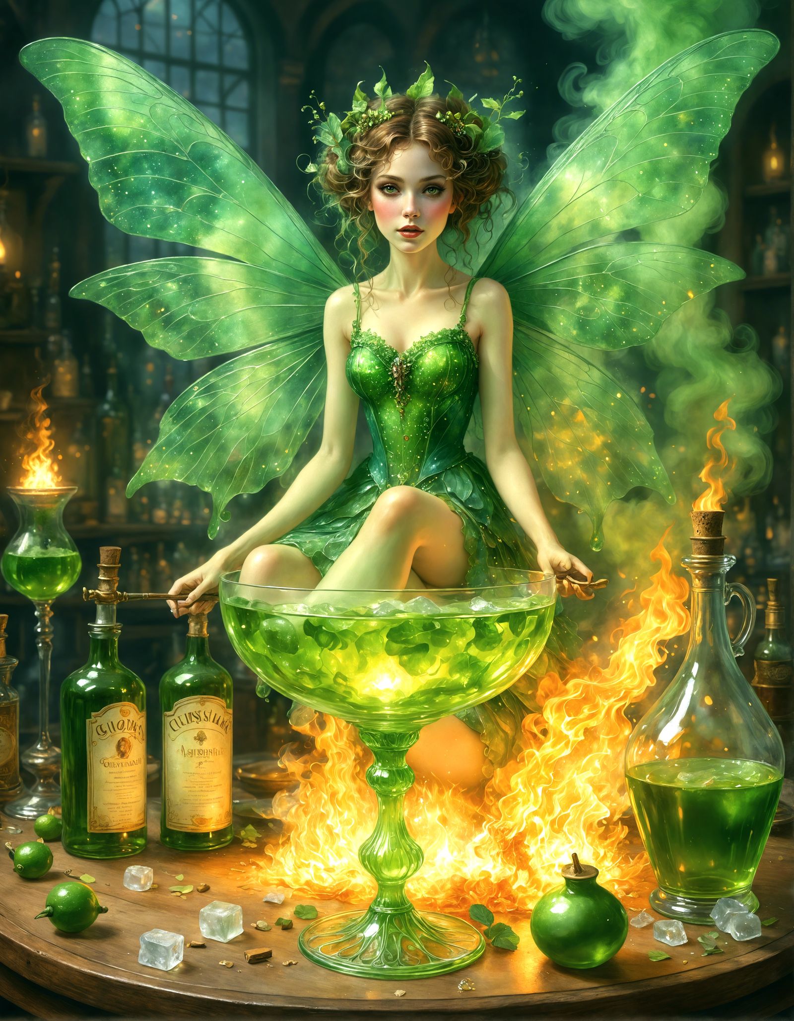 Absinthe Fairy in Klimt-Inspired Watercolor Style