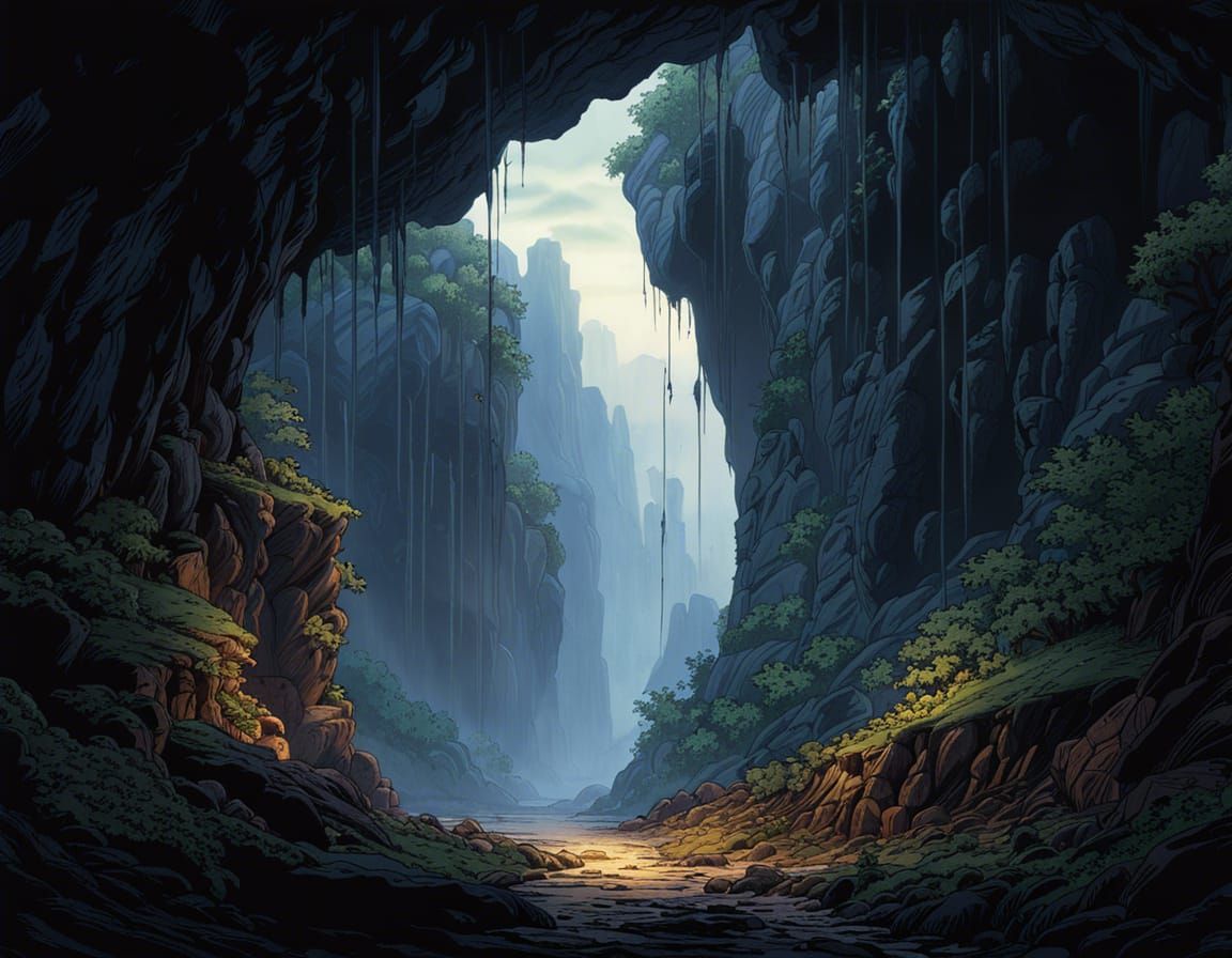 Dramatic Cave Entrance in Rainy Landscape