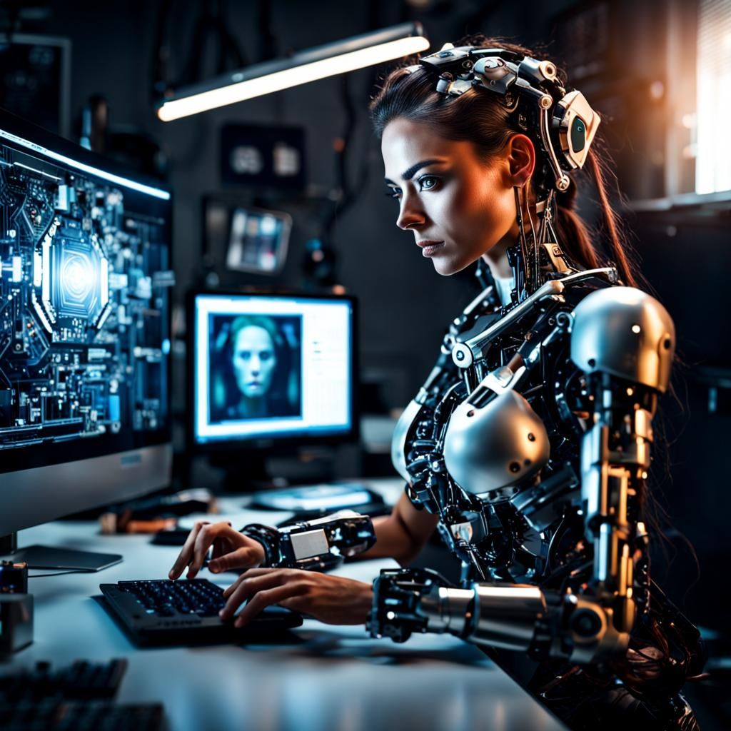 Hyperrealistic Cyborg Marketer in Atmospheric Office