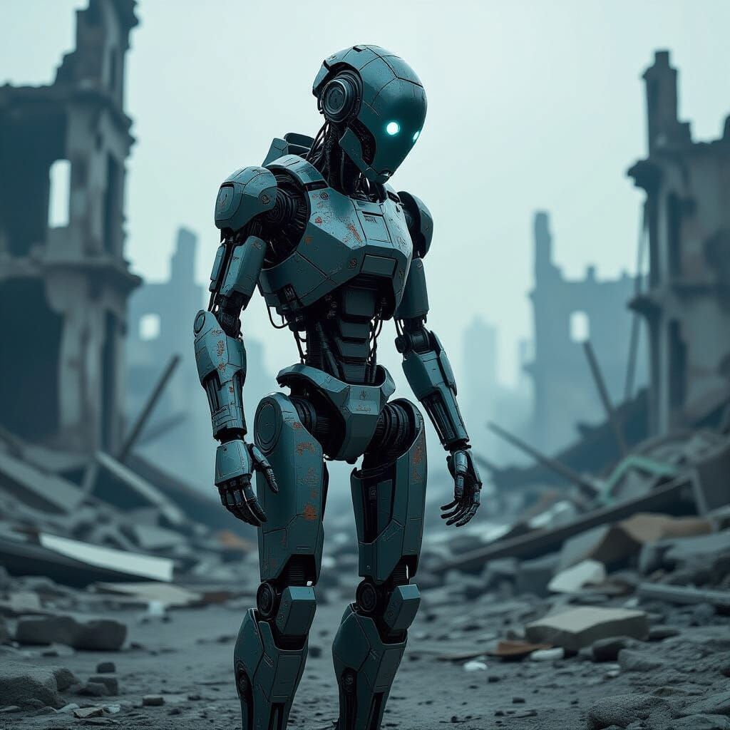 AI Robot in War-Torn City: Dystopian Future