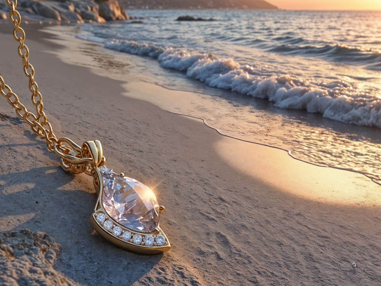 Sultry Diamond Necklace on a Tropical Beach at Sunset